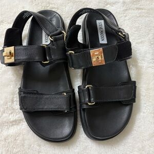Steve Madden Black Leather Sandals with Gold Accents